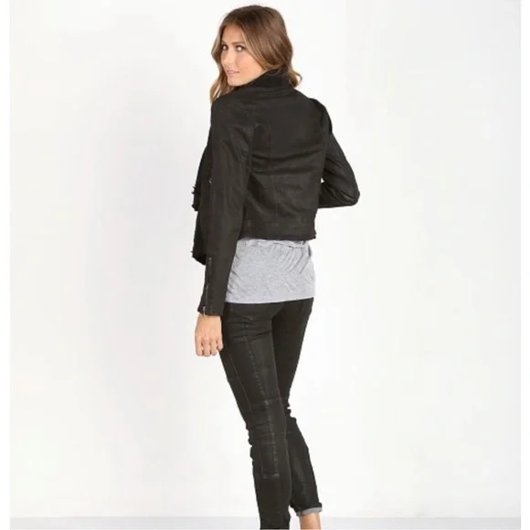 Free People Coated Denim Drape Front Moto Jacket Black Waterfall Collar XS 0 - Picture 8 of 14